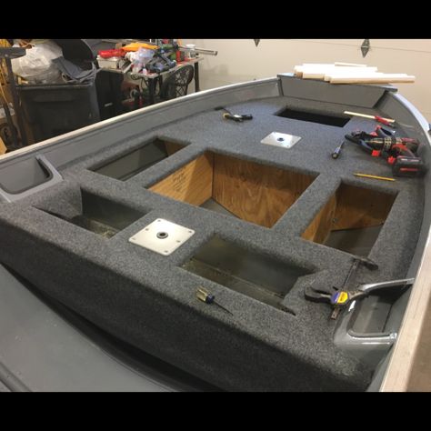 Boat Makeover, Boat Flooring Ideas, Bass Boat Ideas, Jon Boat Project, Boat Remodel, Boat Modifications, Jon Boat Modifications, Boat Blinds, Duck Hunting Boat