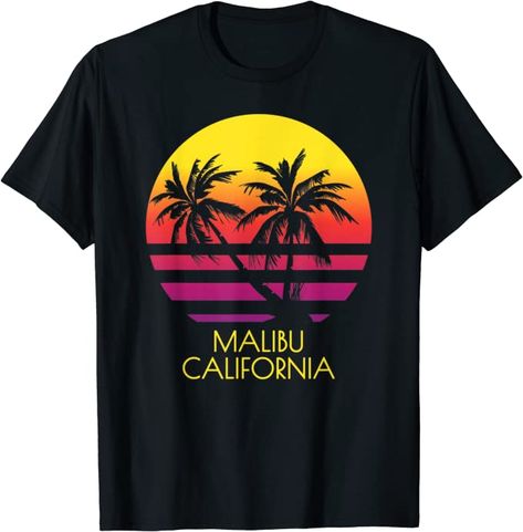 Malibu California Westcoast USA Sunset Palm Trees T-Shirt Sunset Palm Trees, Florida Sunset, Sanibel Island Florida, Florida Design, Laguna Beach California, Beach T Shirt, Malibu California, Retro Sunset, Key West Florida