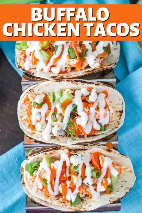 With only a handful of ingredients, Buffalo Chicken Tacos are the perfect easy meal! Healthy and delicious, this will be a dinner staple! Chicken Recipes With Few Ingredients, Chicken With Buffalo Sauce, Easy Ground Chicken Recipes, Buffalo Chicken Stuffed Peppers, Blue Cheese Crumbles, Buffalo Chicken Tacos, Buffalo Chicken Salad, Homemade Buffalo Sauce, Taco Shells