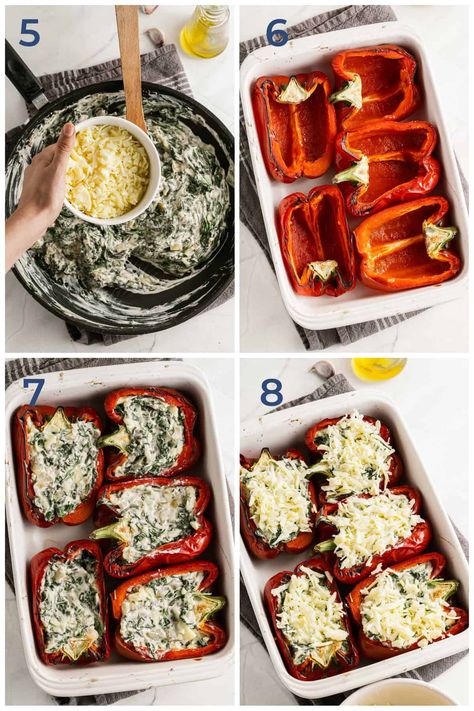 These Cheesy Spinach Stuffed Peppers are the perfect easy weeknight meal. Tender, roasted peppers, stuffed with a rich, creamy spinach filling, and topped with melty cheese. They are low carb, gluten free, and vegetarian. Mozzarella Stuffed Peppers, Stuffed Bell Peppers Cream Cheese, Cottage Cheese Stuffed Peppers, Spinach Stuffed Peppers, Peppers Stuffed With Cream Cheese, Cream Cheese Stuffed Peppers, Spinach Filling, Peace Love And Low Carb, Cheesy Spinach