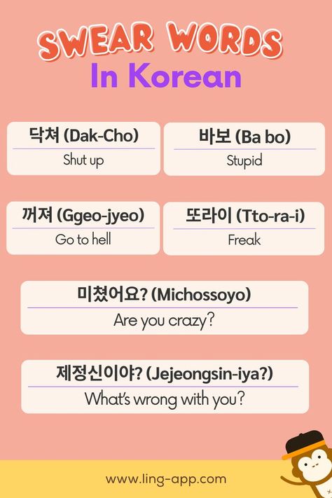 Want to express your feelings using Korean swear words? Let's learn different swear words in the Korean language. 💢 Korean Swear Words, Learn Basic Korean Language, Words In Korean, Korean Learning Apps, Korean Slang, Learning Korean Grammar, Learn Basic Korean, Slang Phrases, Learn Korean Alphabet