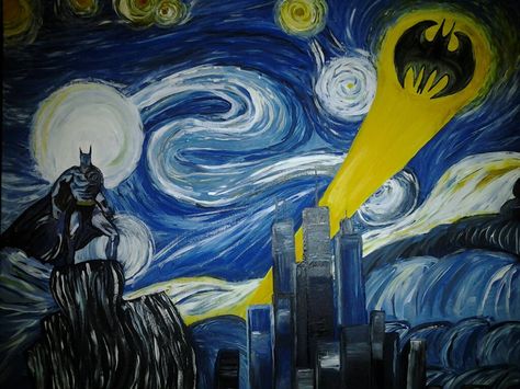 My version of Batman Starry Night Goodbye June, Batman Painting, Zoo Atlanta, Batman Gifts, Recycled Art Projects, Drawing Cartoon Faces, Superhero Wallpaper, Knight Art, Starry Night Van Gogh