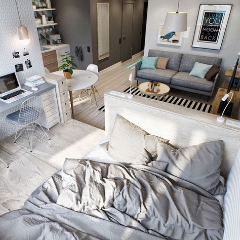 Design a small and efficiency apartment bedroom                              … Renovated Garage, Uni Flat, Apartemen Studio, Small Studio Apartment Decorating, Design Ložnic, Studio Layout, Small Apartment Bedrooms, Studio Apartment Design, Garage Studio