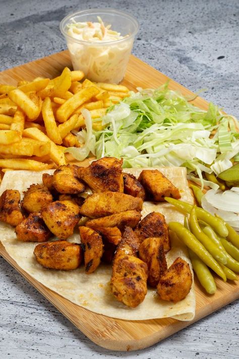 3 sticks chicken shish tawook, fries, garlic sauce, pickles, tomato, pita bread. Want it delivered? Order it on Foody! Burger Delivery, Shish Tawook, Home Burger, Chicken House, Pita Bread, I Want To Eat, Garlic Sauce, The Menu, Pita