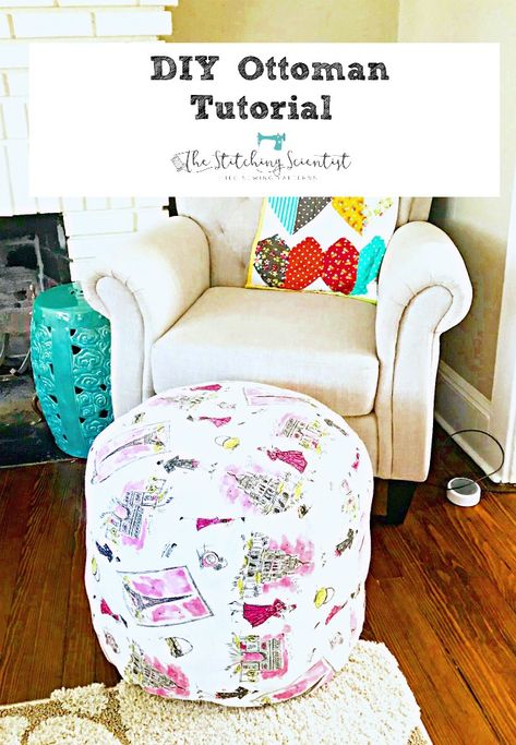 Check out this DIY Ottoman for a quick, easy and cheap way to accessorize any room. Perfect as a footrest or a kids chair. How To Make An Ottoman, Diy Round Footstool, Diy Footrest, Crochet Ottoman Pattern Free Foot Stools, Sewing Workspace, Pouf Ottoman Diy, Patchwork Footstool Diy, Fabric Pouf Ottoman Pattern, Diy Tuffet Stool