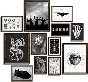 Gothic art print, creepy art print, art print, gothic decor, witches, witch, witch decor Disco Goth Decor, Black And White Monster Art, Cottagecore Goth Decor, All Black Living Room Decor, Boho Goth Living Room, Witch Decor Aesthetic, Witchy Living Room Decor, Witch Room Ideas, Witchy Furniture