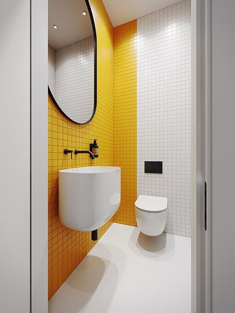 Yellow Accent Walls, Toilette Design, Public Toilet, Small Toilet, Yellow Bathrooms, Minimalist Office, Interior Bathroom, Toilet Design, Office Bathroom