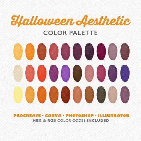 Procreate Color Palette, Canva Colors, Halloween Aesthetic Color Palette, Photoshop Swatches, Halloween Color Palette, Illustrator Swatches Halloween Colour Palette, Spooky Color Palette, Procreate Pallets, Color Palette Canva, Canva Colors, Make A Color Palette, Halloween Color Palette, Aesthetic Color Palette, Colour Palette Ideas