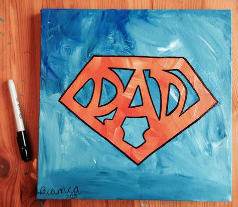 Super Dad Acrylic Painting by Dalis (includes step by step tutorial!) Dad Painting Ideas, Fathers Day Painting Ideas, Painting For Father, Fathers Day Painting Canvases, Paintings For Dad, Fathers Day Painting, Father's Day Painting, Superhero Painting, Dad Drawing