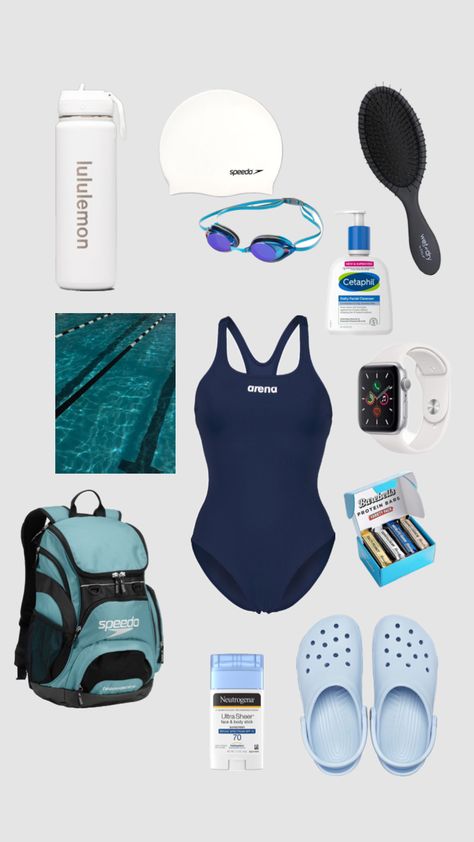 Swimming aesthetic Swimming Gear Aesthetic, Swimming Athlete Aesthetic, Swimming Classes Aesthetic, Swim Class Outfit, Swimming Workout Aesthetic, Competitive Swim Aesthetic, How To Look Good While Swimming, Swim Bag Aesthetic, Swimmer Stretches