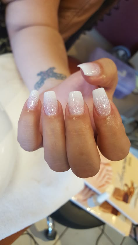 Ombre French Nails With Sparkle, Glitter Ombre From Bottom Nails, Shimmer Ombre French Nails, French White Ombre Nails, Clear White Ombre Nails, Ombre Acrylic Nails Short Square Glitter, Ombre White Glitter Nails, Simple White Ombre Nails, Glittery French Ombre Nails