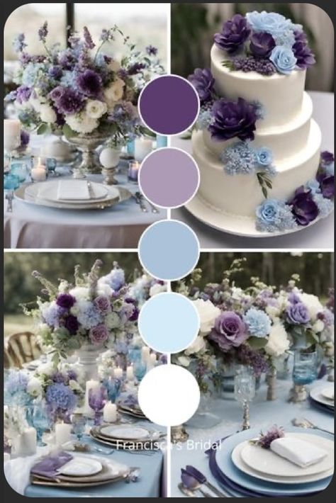 Purple And Blue Reception Ideas, Pastel Blue And Purple Wedding Theme, Purple And Sky Blue Wedding, Lilac Plum And Dusty Blue Wedding, Navy And Purple Wedding Colors, Lavender And Navy Wedding Decorations, Blue And Purple Themed Wedding, Purple Blue And White Wedding, Dark Purple And Light Blue Wedding