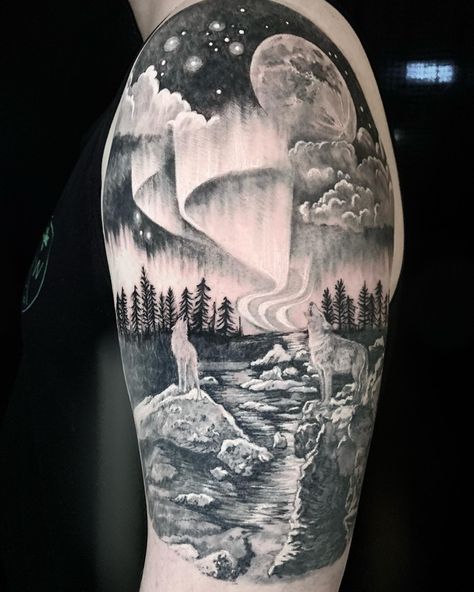 Wolf Clouds Tattoo, Northern Lights Tattoo Sleeve, Northern Lights Tattoo Black And White, Night Time Tattoo, Nature Themed Tattoos, Night Sky Tattoo, Lights Tattoo, Moonlight Tattoo, Scenic Tattoo