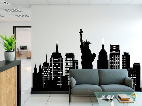 Excited to share the latest addition to my #etsy shop: New York City Skyline Wall Decal, NYC Silhouette Vinyl Sticker, New York Cityscape, Statue Of Liberty, Home Office Decoration Ideas C126 https://etsy.me/3qwVTS9 #office #minimalist #newyork #silhouette #cityscape New York Skyline Silhouette, Nyc Murals, New York Theme Party, Office Decoration Ideas, New York Theme, World Map Wall Decor, New York Cityscape, Parents Room, New York City Skyline