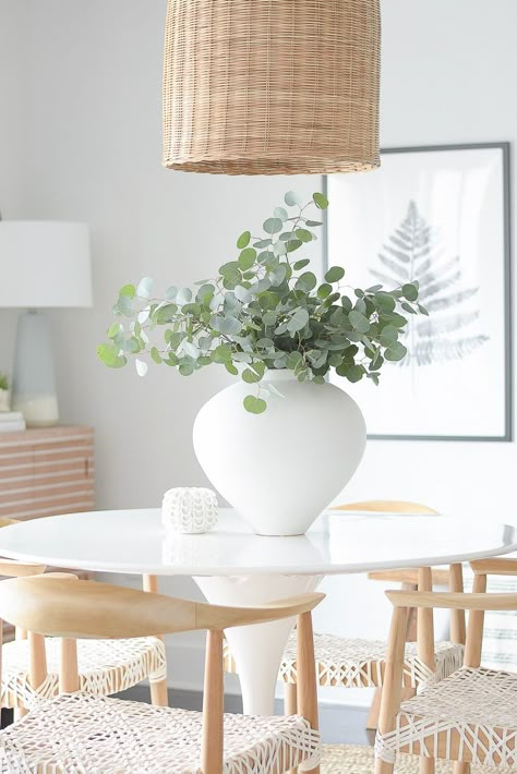 Casual, Chic Dining Room Reveal Dining Table Centerpiece Plant, Small Neutral Dining Room, Eucalyptus Centerpiece Dining Room, How To Style Dining Room Table, White Vases Decor Ideas, White Dining Table Decor, Dining Room Centerpiece Ideas, Eucalyptus Bundle, Large White Vase