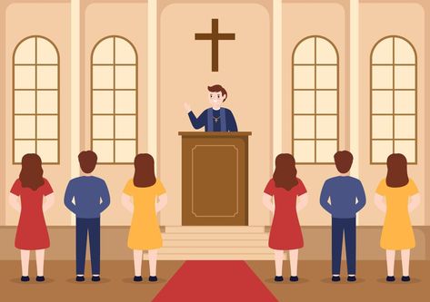 Pastor Giving a Sermon of God in Cassock at a Catholic Church from Pulpit and Baptism in Flat Cartoon Hand Drawn Templates Illustration Jesus Cross Wallpaper, Bible Artwork, Cross Wallpaper, Church Pictures, Cartoon People, Family Cartoon, Church Service, Pictures Of People, Dope Art