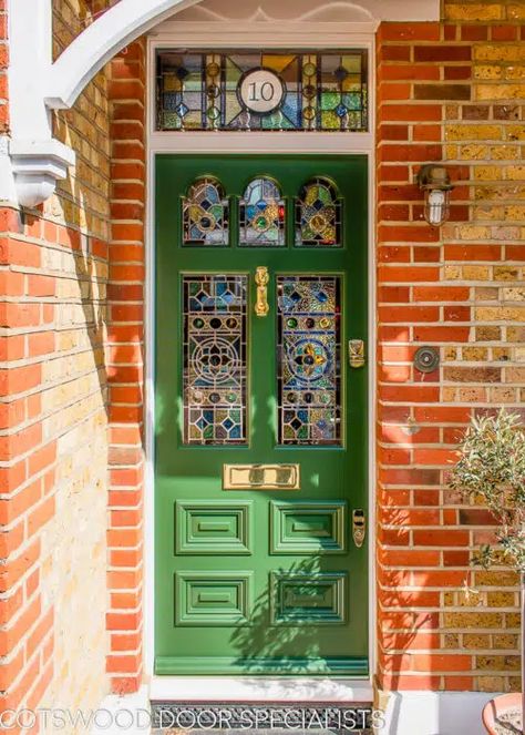 Edwardian Doors, Stained Glass Front Door, Green Front Door, Green Front Doors, Window Stained, Stained Glass Door, Edwardian House, Painted Front Doors, Transom Windows