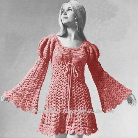 Boho Dress Pattern, Bell Sleeve Wedding Dress, Angel Sleeves Dress, Vintage Crochet Patterns, Wedding Dress Patterns, Vintage Crochet Pattern, Crochet Clothes For Women, Vintage Dress Patterns, Crochet Tunic