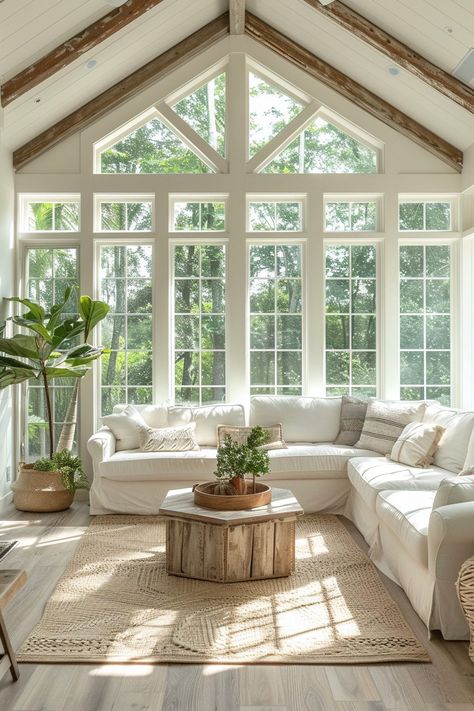 29 Minimalist Home Ideas to Achieve a Balanced and Harmonious Home - My Elegant Home Floor To Ceiling Windows Sunroom, Sunrooms Addition, Vaulted Ceiling Sunroom, Interior Sunroom Ideas, Minimalist Sunroom, Sunroom Ideas Modern, French Country Sunroom, Farmhouse Sunroom Ideas, Sunroom Window Ideas