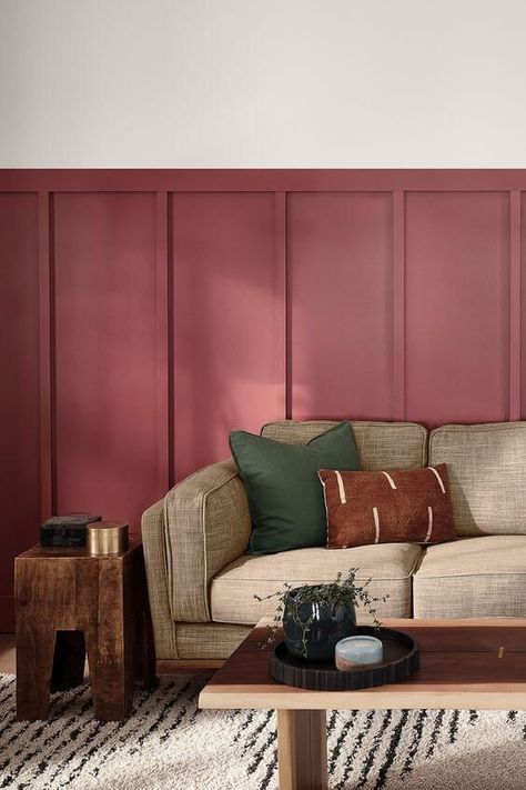 10 Tips To Design A Red Living Room Red Wainscoting, 70s Interior Design, Paint Accents, Painted Wainscoting, Conversation Pit, 70s Interior, Sheila E, Sunken Living Room, Mid Century Modern Living Room