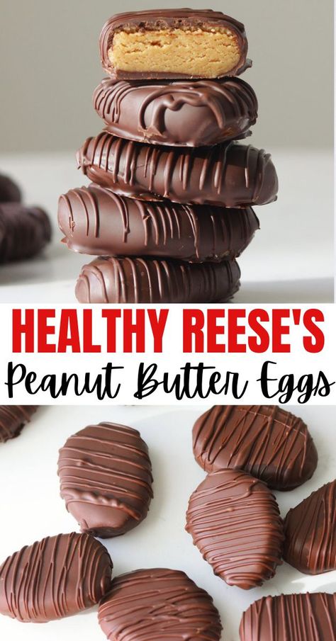 These healthy peanut butter eggs are a delicious and easy homemade treat. If you enjoy Reese’s eggs at Easter time, then you have to try this low sugar, gluten free recipe! Reese Eggs Homemade Healthy, Healthy Reese’s Eggs, Healthy Peanut Butter Easter Eggs, Healthy Peanut Butter Eggs Recipe, Home Made Reeses Peanut Butter Eggs, Homemade Reese’s Peanut Butter Eggs, Homemade Reese's Eggs, Protein Reeses Eggs, Reese Eggs Homemade