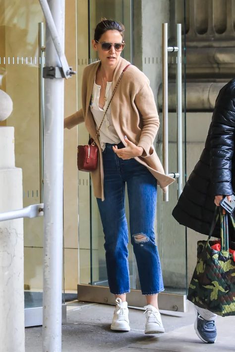 The Flattering Long Line Cardigan Katie Holmes Outfits, Fitted Denim Shirt, Herringbone Coat, Straight Fit Denim, Suede Leggings, Puff Sleeve Sweater, Flannel Pants, Denim Pencil Skirt, Katie Holmes