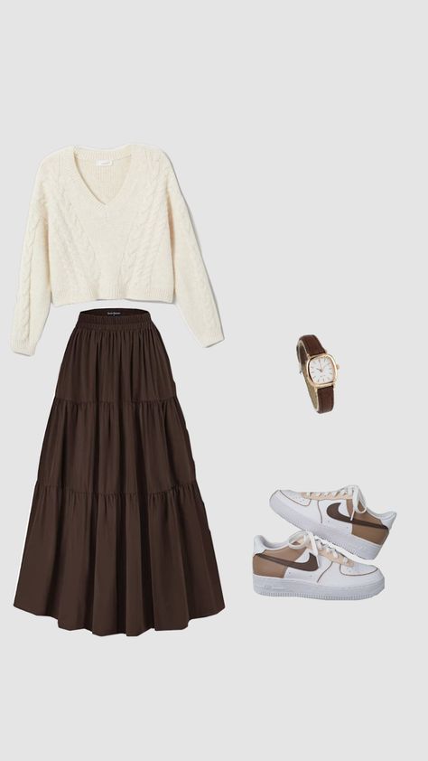 comfy outfit 🎀🩰 #girly #outfit #brown #brownaesthetic #maxiskirt Modest Girly Outfits Casual, Outfits With Brown Skirt, Brown Coquette Outfit, Brown Outfit Skirt, Winter Outfits Skirt, Casual Feminine Outfits, Brown Skirt Outfit, Looks Aesthetic, Modest Church Outfits