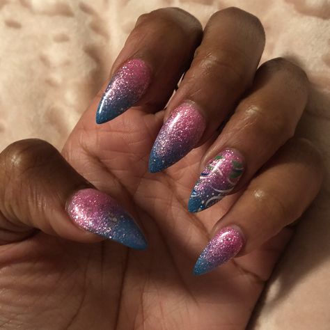 Pink And Dark Blue Nails, Reveal Nails, Pink And Blue Nails, Gender Reveal Nails, Dark Blue Nails, Ombre Pink, Salmon Pink, Pink Ombre, Blue And Pink