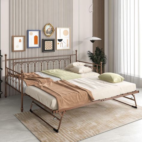 PRICES MAY VARY. 🎁Space Saving Daybed with Trundle Pop Up🎁The trundle bed twin can double the size of day bed to offer larger space to use. Pull the trundle beds out and let it stand, it has the same height of daybeds. This daybed trundle provides more ways to meet different needs in life, and is a good helper for saving space in your family. 🎄Sturdy Twin Daybed with Trundle🎄The daybeds with trundle constructed with heavy duty steel, provides great support and better weight capacity. Upper d Trundle Bed Twin, Daybed With Pop Up Trundle, Sofa Bed For Kids, Metal Day Bed, Day Bed With Trundle, Pop Up Trundle Bed, Metal Daybed With Trundle, Pop Up Trundle, Trundle Bed Frame