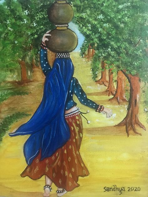 Indian Culture Painting Easy, Modeling Painting Art, Panihari Drawing, Rural Painting, Jaipur Art, Andy's Room, Morden Art, Village Women, Rajasthani Painting