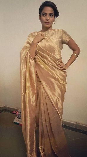 Golden Sarees, Golden Tissue Saree, Capsule 2023, Dusky Skin, Engagement Saree, Contemporary Bride, Engagement Outfit Ideas, Golden Saree, Tissue Saree