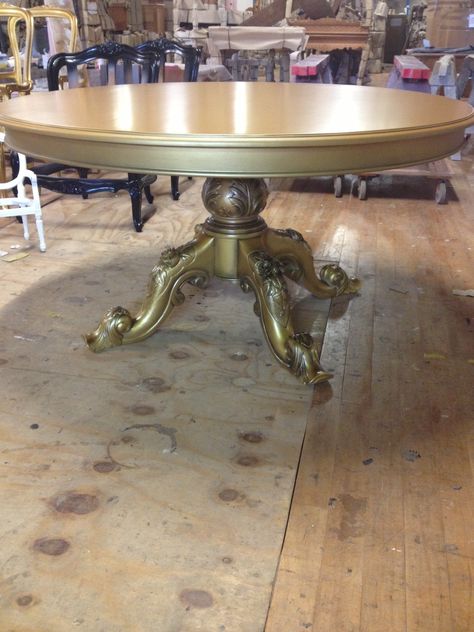 Victorian Dining Table with carved base, painted antique gold. Create your own www.hiddenmill.com Gold Base Round Dining Table, Antique Round Table Makeover, Antique Dining Table Makeover, Gold Round Dining Table, Glam Dining Table, Victorian Dining Table, Painted Dining Room Table, Gold Dining Table, Glam Apartment