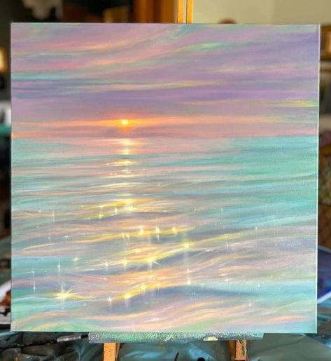 Ocean Aesthetic Artwork, Art For Beach House, Iridescent Painting Art, Pastel Ocean Painting, Sea Pastel Drawing, Sparkling Water Painting, How To Paint Iridescent, Water Pastel Art, Iridescent Acrylic Painting