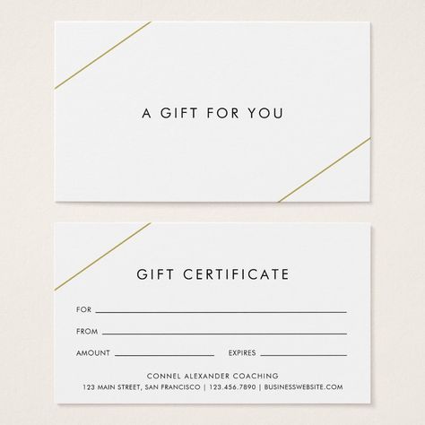 Modern geometric small business gift certificate with "A Gift For You" along with two gold lines, one across the top left and one across the bottom right over a white background.  The backside has the gift certificate template and your contact information.  A minimalist design that still comes across as chic and stylish.  PLEASE NOTE: Envelopes are not included. Sculpture Dress, Gift Certificate Design, Business Card Info, Pinterest Bathroom, 3d Business Card, Esthetician Supplies, Gift Voucher Design, Voucher Design, Card Machine