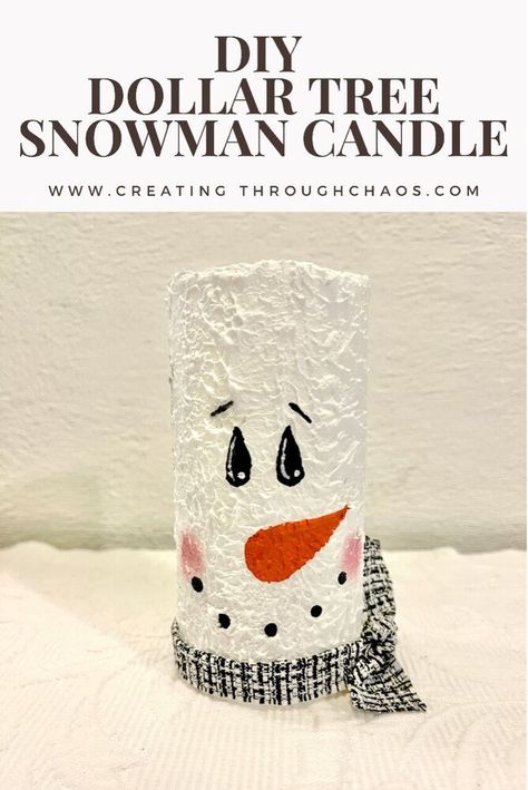 I love candles, especially around the holidays, and when I can incorporate Snowmen in with them its even better. So being able to make my own Snowman candle was right up my alley. Follow along with me and learn how to make a DIY Dollar Tree Snowman Candle. Supplies:Dollar Tree Battery Operated Pillar CandleAleenes Glitter Snow- Amazon Acrylic Paints- Black, White, Pink and OrangeScrap of Fabric We are going to start this DIY by using a paint brush to cover the entire candle with th… Creating Through Chaos Snowman, Dollar Tree Snowman, Library Christmas, Dt Crafts, Love Candles, Snowman Crafts Diy, Snowman Candle, Christmas Crafty, Tree Snowman