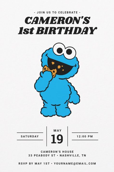 Simple Cookie Monster 1st Birthday Invitation
Invite all your family and friends to your child's birthday with these simple birthday invitations featuring Cookie Monster. Personalize by adding all your party details! Cookie Monster Invitations, Simple Birthday Invitations, Cookie Monster 1st Birthday, Baby Cookie Monster, Monster Invitations, Baby Cookie, Simple Cookie, Monster Birthday Invitations, Monster 1st Birthdays