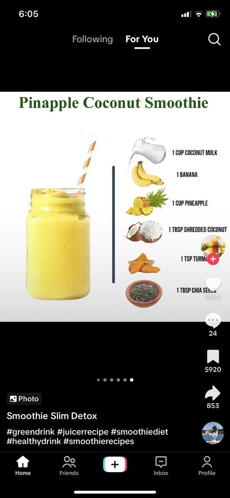 Smoothie Pineapple, Coconut Smoothie, Green Drinks, Juicer Recipes, Shredded Coconut, Smoothie Diet, Chia Seeds, Healthy Drinks, Smoothie Recipes