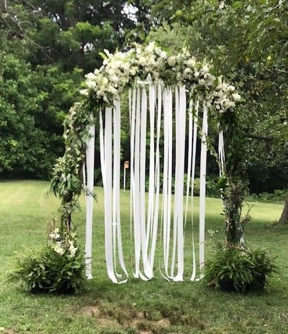 A preview of the decorative arch of foliage and flowers with flowing ribbons by Buttercup for Jenn and George. Wedding Arch Ribbon, Balloon Arch Wedding, Decorative Arch, Ribbon Backdrop, 70th Birthday Decorations, Floral Arch Wedding, Arch Ideas, Jewel Tone Wedding, Balloon Arches