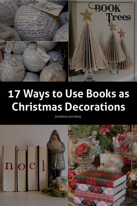 From wreaths to Advent calendars to trees, here are 17 incredible ways to use books in your Christmas decorations! #books #Christmas #bookdecor Christmas Trees From Books, Christmas Tree From Book Pages, Book Themed Christmas Tree Ideas, Christmas Tree Books Diy, Diy Book Christmas Tree, Christmas Crafts With Old Books, How To Make A Book Christmas Tree, Book Paper Christmas Decorations, Christmas Books Decor