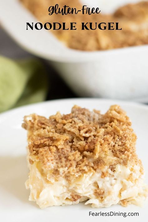 This sweet gluten free noodle kugel is perfect for Rosh Hashana or any time. It makes a great side dish, but is sweet enough for dessert because of the thick sweet vanilla cream cheese custard. fearlessdining Sweet Noodle Kugel Recipe, Noodle Kugel Recipe, Gluten Free Cereal, Gluten Free Gingerbread, Hanukkah Food, Gluten Free Sides, Gluten Free Noodles, Gluten Free Flour Blend, Homemade Noodles