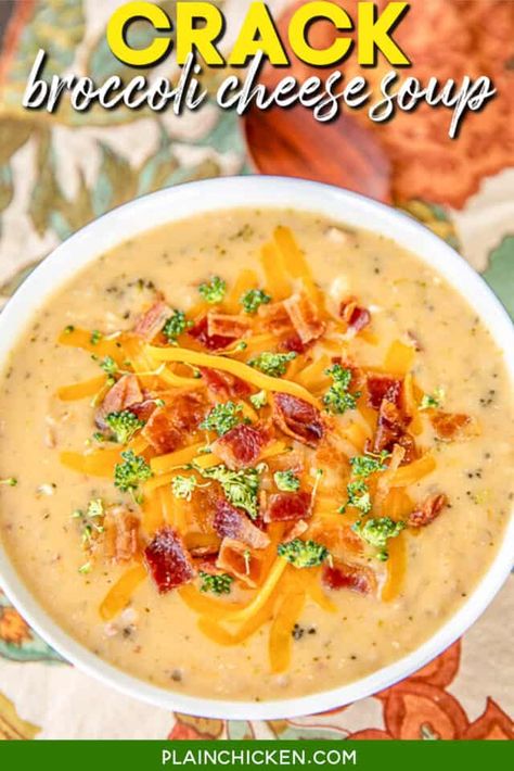 Crack Broccoli Cheese Soup - Plain Chicken Cream Of Broccoli Cheese Soup, Broccoli Cheddar Chicken Soup, Broccoli Cream Cheese, Broccoli Potato Cheese Soup, Healthy Detox Soup, Potato Cheese Soup, Soup Broccoli, Broccoli Potato, Slow Cooker Broccoli