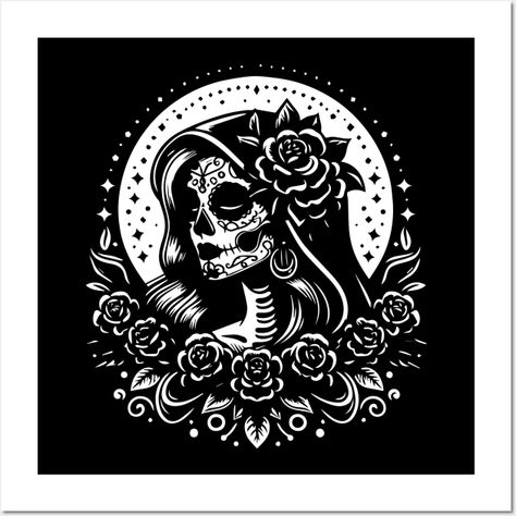 santa muerte, mexican skull woman design with floral motifs -- Choose from our vast selection of art prints and posters to match with your desired size to make the perfect print or poster. Pick your favorite: Movies, TV Shows, Art, and so much more! Available in mini, small, medium, large, and extra-large depending on the design. For men, women, and children. Perfect for decoration. Candy Skull Art, Creepy Beautiful, Skull Woman, Sugar Skull Painting, Tattoo Baby, Traditional Black Tattoo, Tattoo 2024, Mexican Artwork, Skull Girls