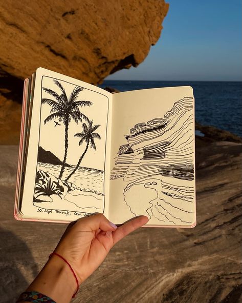 Maybe this is my favourite sketch from our vacation. . To be honest I can’t really sketch at the spot. I feel inspired by beautiful nature, but I love more to draw in a calmer space. I didn’t figure out the reason for it yet, but I came to accept this fact, in this time in Tenerife. . What do you prefer for drawing? In your own calm space or you love more to draw outdoor? . #tenerife #costadelsilencio #sketchingoutside #sketchbookdrawing #blackpendrawing #palmtreelove Florida Drawing, Island Drawing, Black Pen Drawing, Beach Sketches, Calm Space, Teneriffe, Line Sketch, Black Travel, Love More