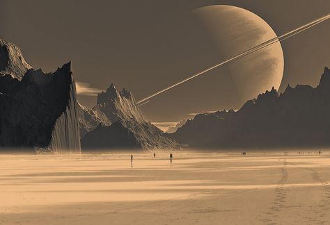 Saturn's moon Titan, Dusan Trajkovic on ArtStation at https://www.artstation.com/artwork/9ZGVa Alien Landscape, Saturns Moons, Planets Art, Alien Planet, Space Pictures, Alien Worlds, Fantasy Places, Fantasy Art Landscapes, Space Opera