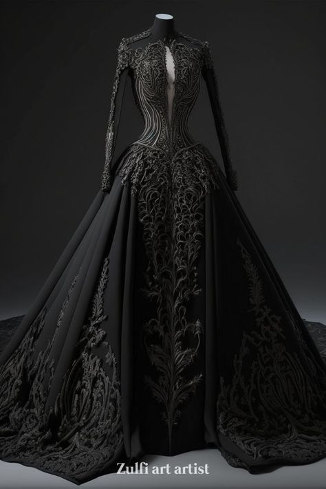 Gothic dress. Welcome to my fantasy world. My fantasy art created with AI. More you can find on my Tik-Tok @aibubonika Vampire Ball Gown Aesthetic, Gothic Masquerade Dress, Dark Fantasy Gowns Queens, Gothic Dresses Victorian, Queen Gowns Royal, Black Fantasy Dress Queens, Fantasy Dress Black, Royal Black Dress, Black Queen Dress