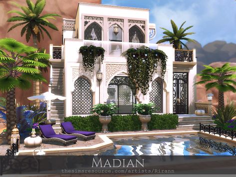 Sims 4 Arabic House, Sims 4 Medditeranean Cc, Sims 4 Moroccan House, Sims 4 Morroco House, Moroccan Style House, Sims 4 Lots, Greek Style Home, Painted Brick Wall, Living Room Sims 4