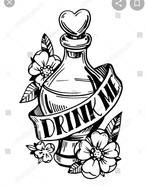 Bottle Tattoo, Flash Tattoo Designs, Love Potion, Drink Me, Hand Drawn Illustration, School Tattoo, Drawn Illustration, Hand Art Drawing, Old School Tattoo