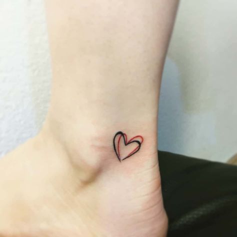 Small 2 Heart Tattoo, 2 Hearts Tattoo Ideas, Heart Tattoo On Thumb, Small Heart Ankle Tattoo, Heart In A Heart Tattoo, Black And Red Heart Tattoo, Layered Heart Tattoo, Heart Inside Heart Tattoo, 2 Heart Tattoo