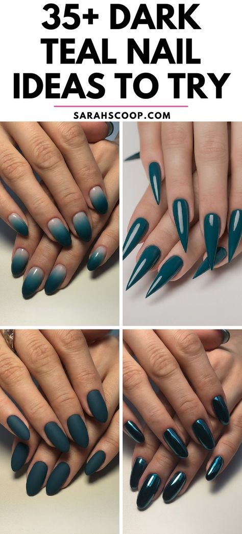 These dark teal nail ideas will breathe new depth into your nail art game. It's the perfect pop of color for a night out, a special event, or even everyday wear! #NailDesigns #NailArt #Nails Teal And Grey Nails Design, Dark Teal Nails With Gold, Teal Nails Matte, Black Nails With Blue Tips, Maroon And Teal Nails, Shades Of Teal Nails, Dark Teal Chrome Nails, Dark Teal Fall Nails, Teal Almond Nails Designs