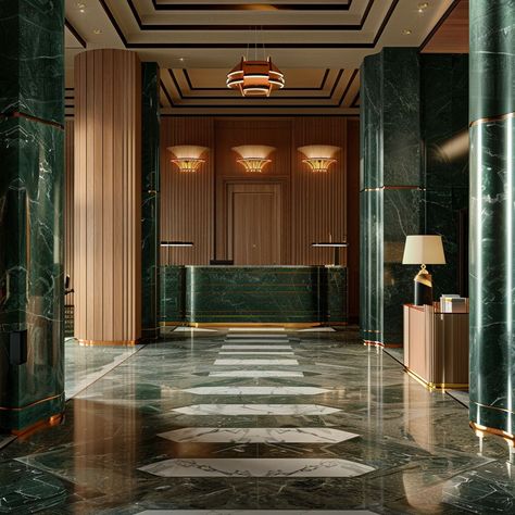 Office Cladding Interior, Modern Hotel Lobby Design Luxury, Lobby Interior Design Entrance, Art Deco Hotel Lobby, Lobby Designs, Modern Hotel Lobby, Hotel Lobby Lounge, Hotel Foyer, Interior Design Portfolio Layout